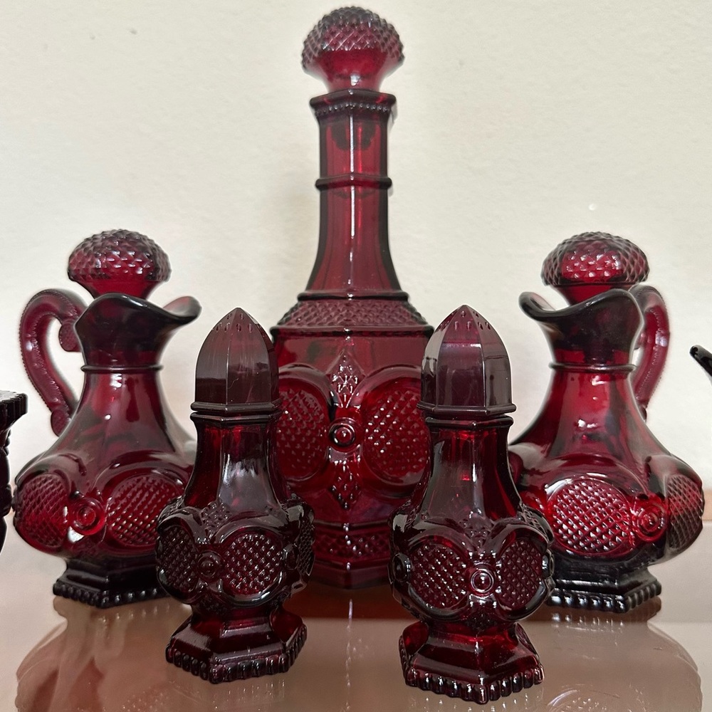 Sold Vintage Avon Cape Cod Ruby Red Set 7 Pieces Decanter Salt Pepper 2 Cruets